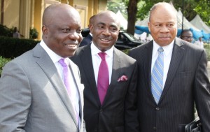 From left: Governor Emmanuel Uduaghan of Delta State, Senior Special Adviser to the governor on Foreign matters, Mr. Oma Djebah and Ambassador Sola Omoregie during the Preparatory Workshop for the United Nations Assessment of key sectors of Delta State Economy held in Government House, Asaba, Wednesday.