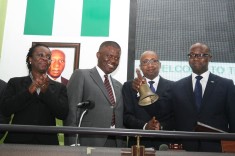 L–R: General Manager/Head, Listings Sales and Retention, Mrs. Taba Peterside; Managing Director, Chams Plc, Sir Demola Aladekomo; Executive Director, Business Development, The Nigerian Stock Exchange (NSE), Mr. Haruna Jalo-Waziri and Chairman, Chams Plc, Very Revered Ayodeji Richards at the Chams Plc Facts Behind the Figures presentation on the floor of The Nigerian Stock Exchange Wednesday, April 09, 2014