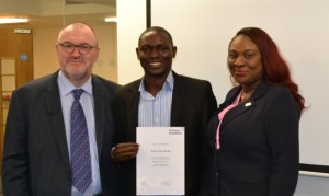 From Left to Right: Chief Executive , Thomson Foundation, Nigel Baker, Punch Correspondent and Overall Winner of the 2014 Promasidor Quill Awards, Mr Kunle Falayi and Manager, Corporate Communications, Promasidor Nigeria Limited, Ms Ebi Akpeti at the graduation ceremony of Mr Falayi from the Thompson Foundation 2014 summer course in London sponsored by Promasidor Nigeria Limited on Friday