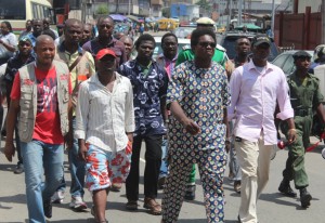 The Executive Chairman, Amuwo Odofin LG, Comrade Ayodele Adewale (2nd R), leading a peaceful  protest over the unlawful arrest and detention of Amuwo Odofin LG Council officials at Apapa Magistrate Court, Aerodrome Road, Apapa, Lagos.