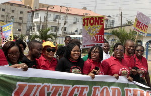 L-R: Ms Ify Onyegbule ( Publisher, Women of Substance), Mr. Eneruvie Enakoko (Fmr Chairman, CLO, Lagos State), Mrs Ada Agina-Ude (ED, Gender & Development Action, GADA), Dr Joe Okei-Odumakin (President, Women Arise), Dr. Olufemi Kayode (ED, Media Concern) and Dr. Abiola Akiyode (ED, WARDC)