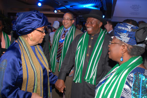  From left Liberia President Hellen Salif  President Goodluck Jonathan and Finance Minister Dr, Ngozi Okojo Iweala  at the World Economic  Forum in Davos, Switzerland 