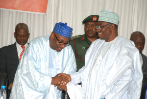 President Goodluck Jonathan Congratulating the Newly Nominated National Chairman of the People Democratic PDP Alh Adamu Muazu at the 64th National Executive Committee meeting at the PDP National  Headquarters Abuja 