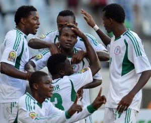 Super Eagles of Nigeria Celebrate one of their goals against Morocco