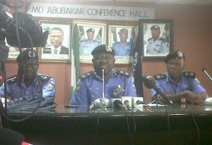 Lagos State Commissioner of Police, Umar Manko (M) addressing newsmen in Lagos on Tuesday, Feb. 11, 2014