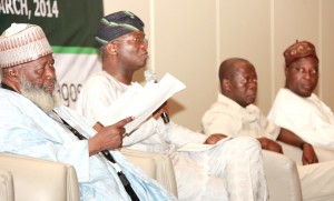 Lagos State Governor, Mr. Babatunde Fashola SAN (2nd left), his Edo State counterpart, Comrade Adams Oshiomhole (2nd right), Deputy Governor of Ogun State, Prince Segun Adesegun (right) and the Chairman of the Session, Justice Muhammed Mustapha  Akanbi  (left) during the 3rd Nigeria Governors’ Forum (NGF) Retreat held at the Eko Hotel & Suites, Victoria Island, Lagos, on Friday, March 14, 2014.