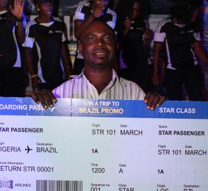 Timothy Victor, winner of the grand prize of Ticket to Brazil, set at the Star Trip To Brazil promo, held at the Cyclic Centre, Costain Roundabout, Lagos