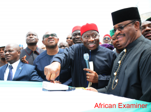 President Goodluck Jonathan (2nd R) Switch On Automated Construction Equipment To Perform The Ground Breaking Ceremony For The Construction Of Second Niger Bridge