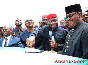 President Goodluck Jonathan (2nd R) Switch On Automated Construction Equipment To Perform The Ground Breaking Ceremony For The Construction Of Second Niger Bridge 