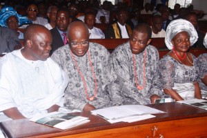 From Left: Governor Emmanuel Uduaghan of Delta State; Dr. Leslie Pix Akporiaye, Chief Medical Director, DELSUTH; Prof Emmanuel Akporiaye and Mrs   Esther Akporiaye during a funeral ceremony in honour of Late Mr. Nawe Eric Akporiaye at First Baptist Church, Warri. Pix: Bripin Enarusai.