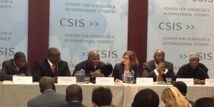 (From L-R) Special Assistant to the President on Public Relations Dr Olusanya Awosan, Special Adviser to Governor Uduanghan of Delta State, Senior Special Assistant to the President on Public Affairs, Dr Doyin Okupe, the moderator of the session and CSIS Director for African Program Jennifer Cooke, Senator Femi Ojudu of APC and the Interim National Publicity Secretary of APC Alhaji Lai Mohammed.