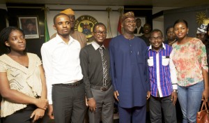 Picture: Lagos State Governor, Mr. Babatunde Fashola, SAN (3rd right) in a group photograph with the survivors of the Ebola Virus Disease – Dr Emenuo Kelechi (2nd left),  Dr Ibeawuchi Morris (3rd left), Dr Fadipe Akinniyi (4th left), Mr. Dennis Akagha (3rd right) and Dr Adaora Igonoh (2nd right) during a visit to the Governor at the Lagos House, Ikeja, on Thursday, September 18, 2014.