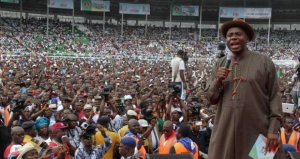 Governor addressing his supporters during the port harcourt rally to celebrate 7  years of his administration in the state.   