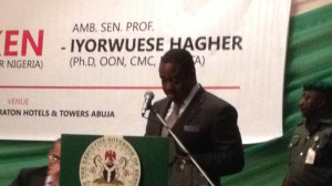 Governor of Benue state, Dr. Gabriel Suswam speaking at the launching of the book tittle "Diverse but not broken"