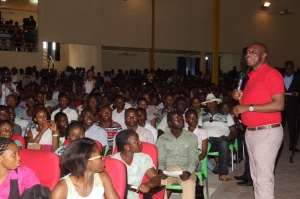 Rivers State Governor, Rt. Hon. Chibuike Amaechi addressing students of the Ignatius Aguru University of Education during an interactive session at the campus in Port Harcourt.