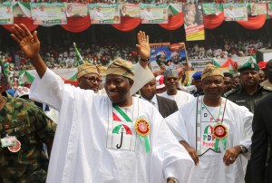 President Goodluck Jonathan and his Vice Arc. Namadi Sambo  at the Flag off at the Tafawa Balewa Square  in Lagos on Thursday January 7, 2015