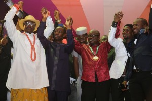  Governor Emmanuel Uduaghan of Delta State; Senator Ifeanyi Okowa and entertainers at a Thank You Concert by entertainers for Governor Uduaghan in Asaba