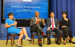 (L-R) Penny Pritzker, US Commerce Secretary, Tony Elumelu, Founder, Tony Elumelu Foundation, Antonio Gracias, Founder and CEO, Valor Equity and Julie Hanna, Founder and CEO, Kiva during the  event hosted by US President Barack Obama at the White House on Monday to celebrate Global Emerging Entrepreneurs 