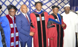 President/Vice Chancellor, Babcock University, Professor J.A. Kayode Makinde; Keynote Speaker and Chairman Heirs Holdings, Tony O. Elumelu CON; Immediate Past Governors of Lagos State, Babatunde R. Fashola SAN; Kano State, Engr. Dr. Rabiu M. Kwankwaso; Ekiti State, Dr. Kayode Fayemi at the Fourth Post Graduate Convocation and conferment of Honorary Doctorate Degrees of the Babcock University, Ilishan-Remo, Ogun State yesterday