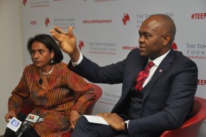  Founder, The Tony Elumelu Foundation and Chairman, Heirs Holdings Limited, Mr. Tony O. Elumelu, CON;  CEO, Tony Elumelu Foundation, Parminder Vir; during the press conference held in Lagos on Wednesday, announcing the entrepreneurship boot camp for the 1,000 selected Tony Elumelu Entrepreneurs representing all 36 Nigerian states and 51 African countries scheduled for July 10-12 in Ota, Ogun State.