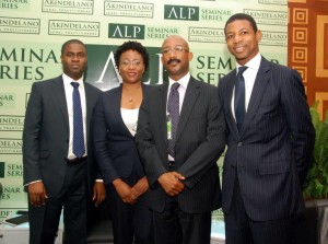 LtoR- Kalu Balogun AD Capital Projects PWC, Bola Bamidele, Senior Advisor Access Bank, Patrick Mgbenwelu, Head Debt Solutions FBN Capital Limited, and John Delano LL.B at the recent ALP Seminar Series on Infrastructure and Project Finance.