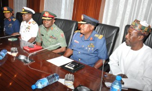 PIC FROM LEFT: CHIEF OF AIR STAFF, AIR-VICE MARSHAL SADIQUE ABUBAKAR; CHIEF OF NAVAL STAFF, REAR ADMIRAL IBOK-ETE EKWE IBA; CHIEF OF ARMY STAFF, MAJ.-GEN ABAYOMI OLONISAKIN;  CHIEF OF DEFENCE INTELLIGENCE, AIR VICE MARSHAL MORGAN RIKU AND THE NATIONAL SECURITY ADVISER, (NSA) MAJ.-GEN BABAGANA MONGUNU (RTD) DURING THEIR MEETING WITH PRESIDENT MUHAMMADU BUHARI AT THE PRESIDENTIAL VILLA ABUJA IN ABUJA ON MONDAY (13/7/15)