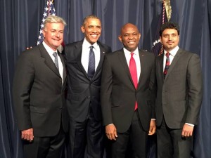 President Barack Obama with co-founders of the Global SPARK coalition, Jonathan Ortmans, CEO of the Global Entrepreneurship Network; Tony O. Elumelu, CON, Founder of the Tony Elumelu Foundation; and Sriram Bharatam, Chairman, Africa Growth Initiative, (EO); during the Global Entrepreneurship Summit in Nairobi, Kenya, over the weekend