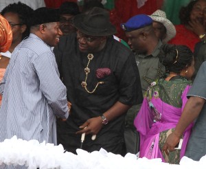 Bayelsa State Governor, Hon. Seriake Dickson (centre) welcomes the former President, Dr. Goodluck Jonathan (centre) accompanied by his wife, Patience (right backing camera) shortly on his arrival to attend the Governor declaration for 2nd term at the Sampson Sia-Sia Sport Complex in Yenagoa (Tuesday) September 8 2015
