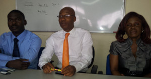 L-R: Secretary General, Association of Registered Insurance Agents of Nigeria (ARIAN), Mr. Olamerun Gbadebo; national president, Mr. Kingsley Obuvie, and national vice president, Ms Chijindu Ikeji during a press briefing Wednesday in preparation for its annual conference. 